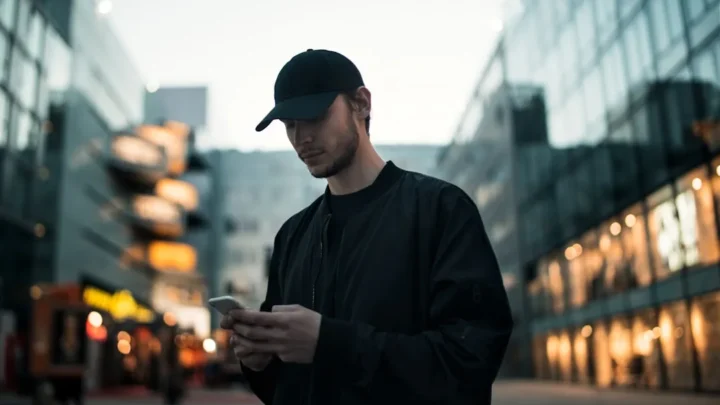 A person looking at their phone with a calm, serious expression after reading an offensive comment