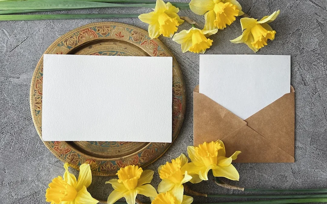 warm Easter gathering with spring flowers and greeting card